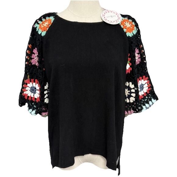 NWT Umgee Blouse Womens S Flower Print Crochet Puff Sleeve Dopamine Boho Top - Picture 2 of 10